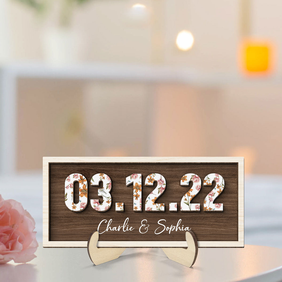 Couple Engagement Wedding Anniversary Special Date Custom Flower Printed 2-Layered Wooden Plaque,  Gift For Her, Gift For Him