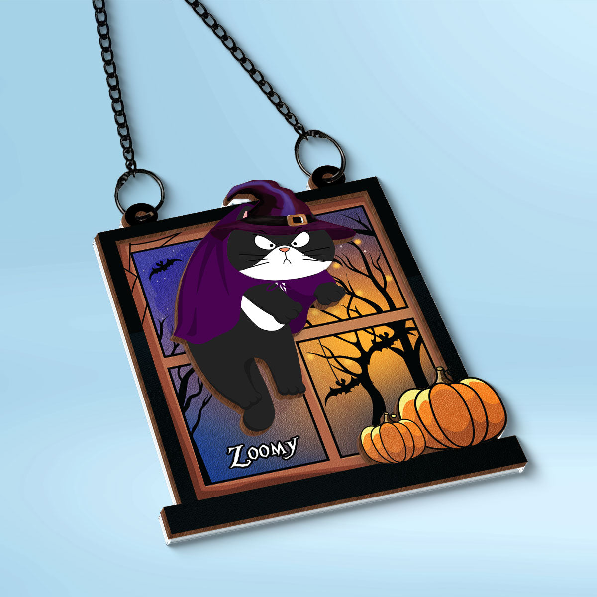 Halloween Cats Hanging On Window Personalized Suncatcher, Halloween Decor