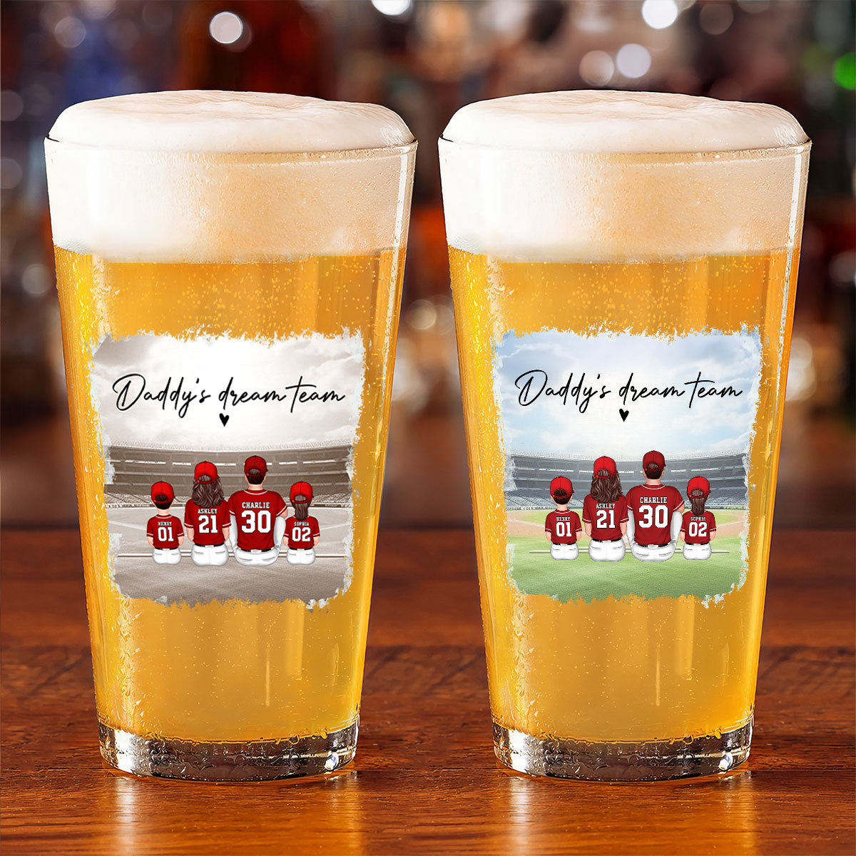 Daddy's Team Baseball Family Sitting Personalized Beer Glass, Unique Birthday Gift For Dad, Father's Day Gift