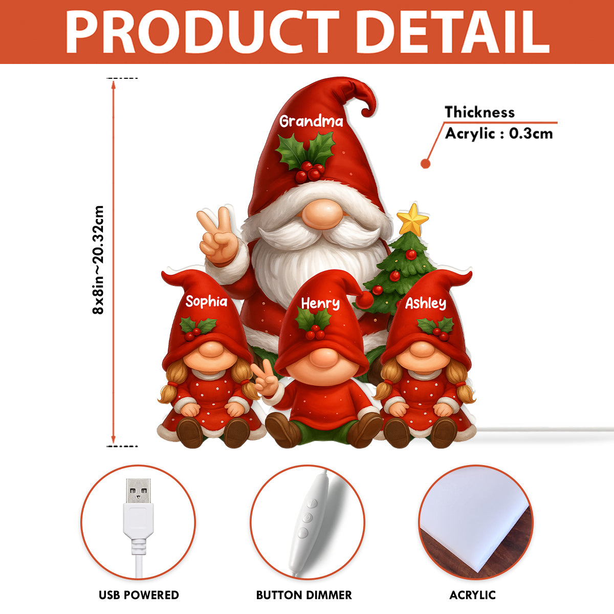 Gnome Grandma & Grandkids Festive Holiday - Personalized Light Box - Christmas Decor, Christmas Gift for Grandma