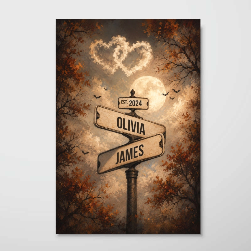 Spooky Halloween Full Moon Couple Street Sign - Personalized Poster - Custom Name And Date, Gift for Him, for Her