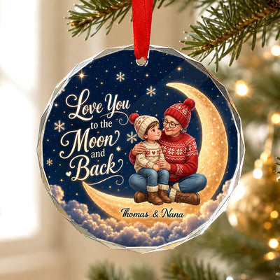 Love You To The Moon And Back Grandma Grandkid Portrait From Your Photo - Personalized Glass Ornament - Christmas Gift For Grandchildren