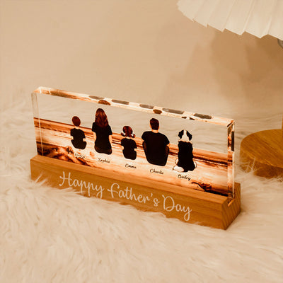 Family Sitting Retro Vintage Beach Landscape - Personalized Acrylic Block Plaque LED Night Light - Gift For Dad, Gift For Husband, Gift For Grandpa