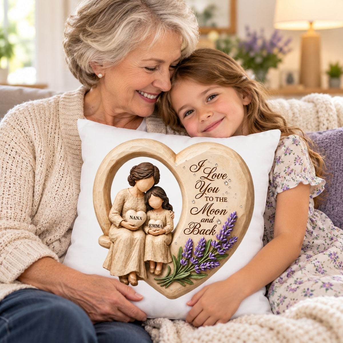 Grandma Loves to the Moon and Back - Personalized Pillow - Christmas Gift for Granddaughter Grandson