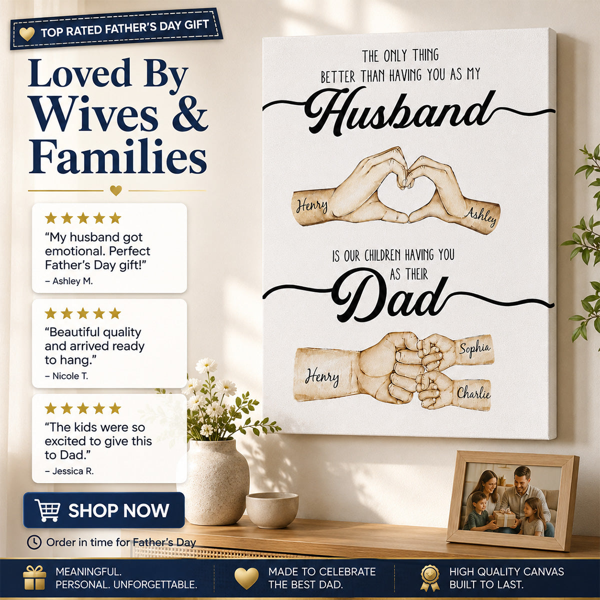 The Only Thing Better Husband Dad Hands - Personalized Canvas - Gift For Dad, Gift For Husband, Gift For Grandpa