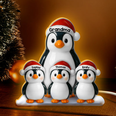 3D Effect Cute Christmas Penguins Grandma & Grandkids - Personalized Light Box