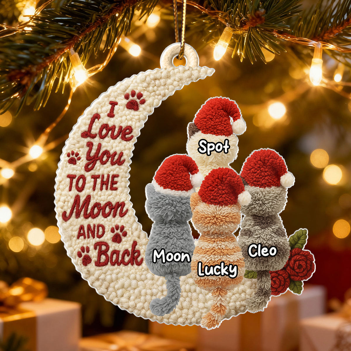 Love My Cats to the Moon and Back Latch Hook Yarn Faux - Personalized Acrylic Ornament - Christmas Gift for Cat Lovers