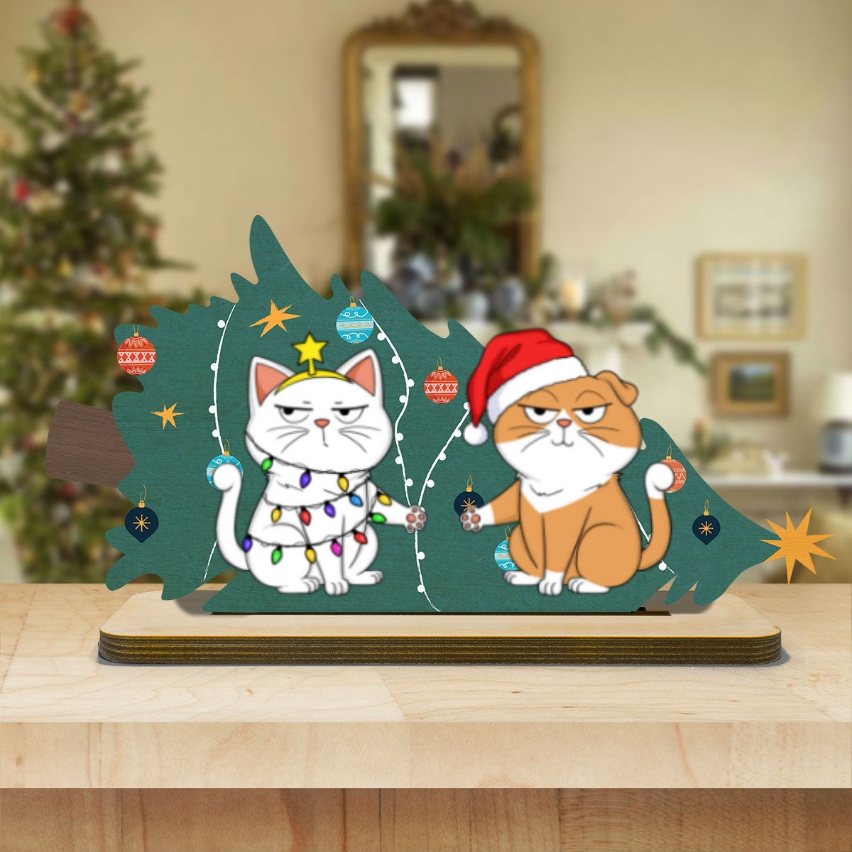 Naughty Cats Fallen Christmas Tree Personalized 2-Layer Standing Wooden Plaque