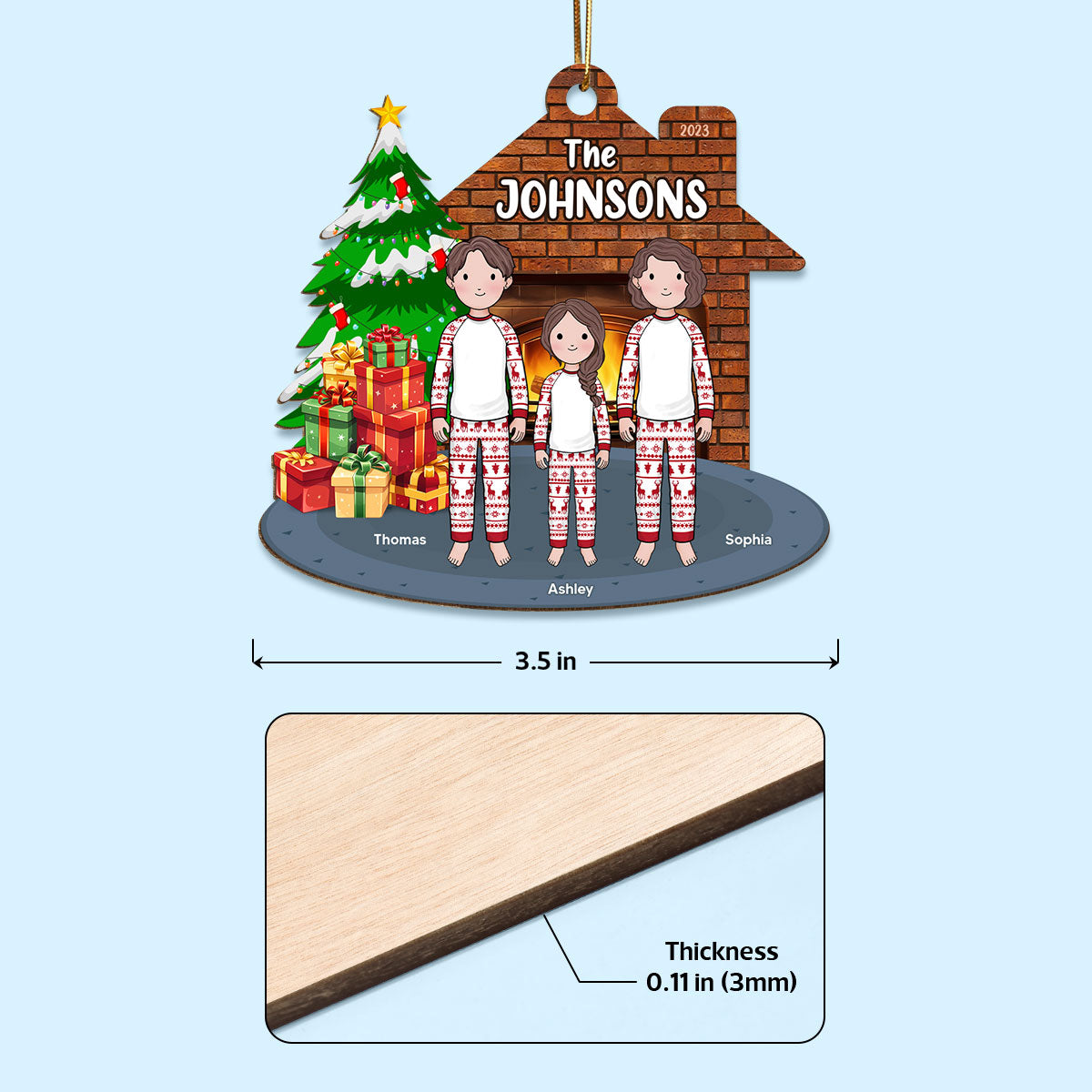 Simple Cartoon Whole Family Dad Mom Kid Dog Cat By Christmas Tree In House Personalized Wooden Ornament