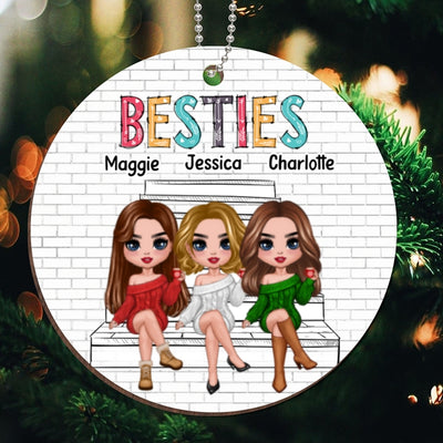 Besties Sisters Sitting Outline Background Personalized Wooden Ornament