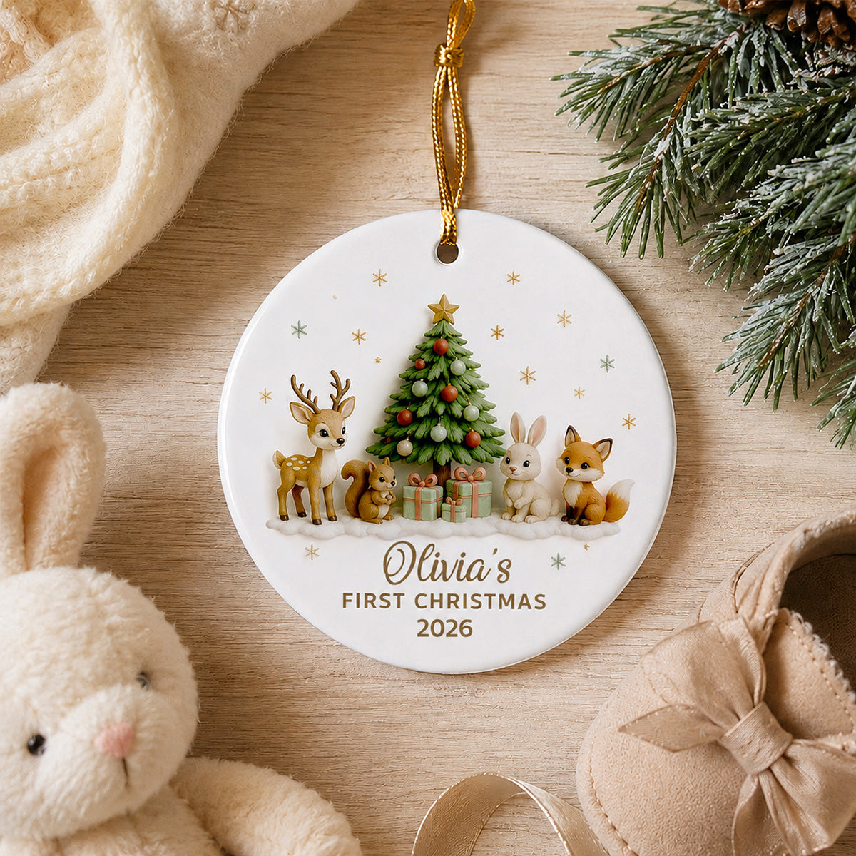 Baby’s First Christmas Tree & Woodland Animals 3D - Personalized Ceramic Ornament - New Baby Christmas Keepsake