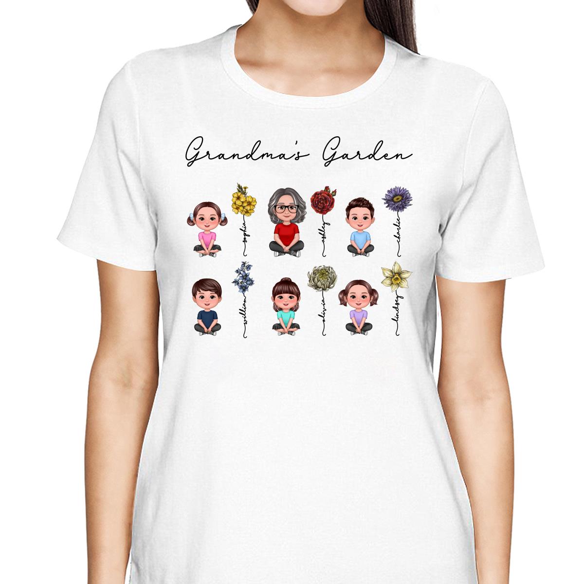 Grandma Grandkids Crossed Legs Sitting Vintage Birth Flower Personalized Shirt