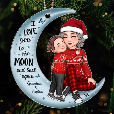 Cute Grandkid Hugging Sitting Grandma On Moon Personalized Acrylic Ornament