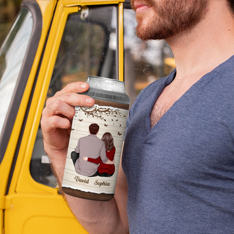 Half Texture Couple Sitting Back View Personalized 4 In 1 Can Cooler