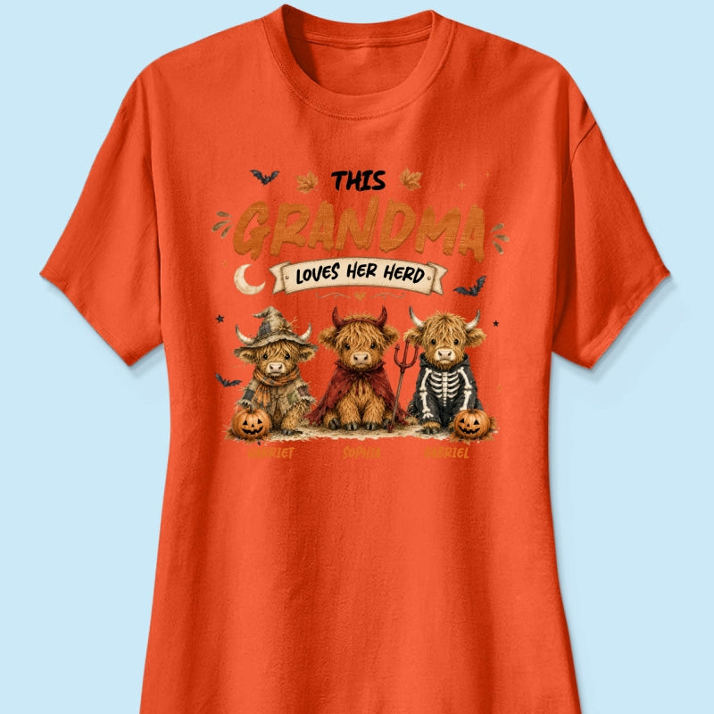 Grandma's Little Spooky Herd Halloween Costume Highland Cows - Personalized Shirt - Halloween Gift For Grandma
