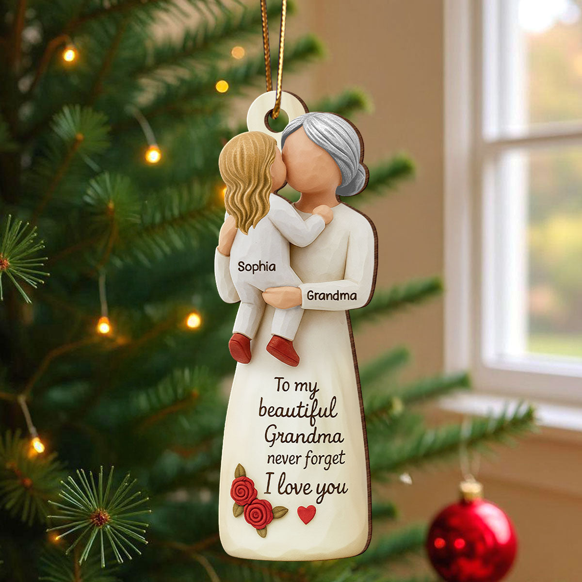Grandma Hugging Grandkid 3D Effect - Personalized Wooden Ornament