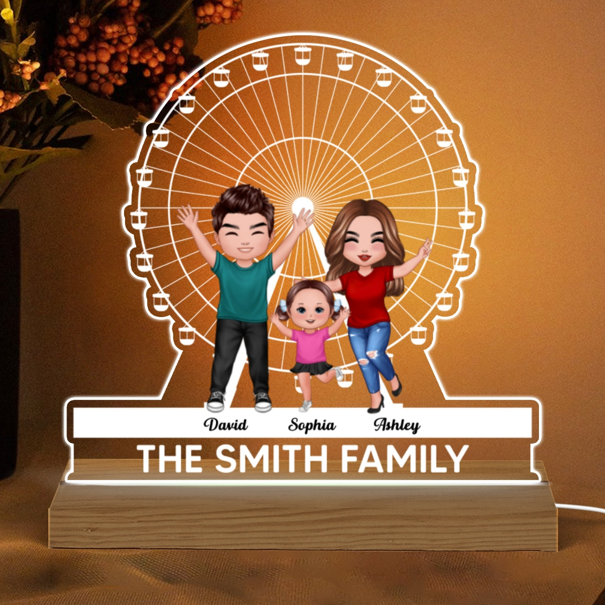 Happy Doll Family And Ferris Wheel Personalized Custom Shaped Acrylic Plaque With Warm LED Night Light