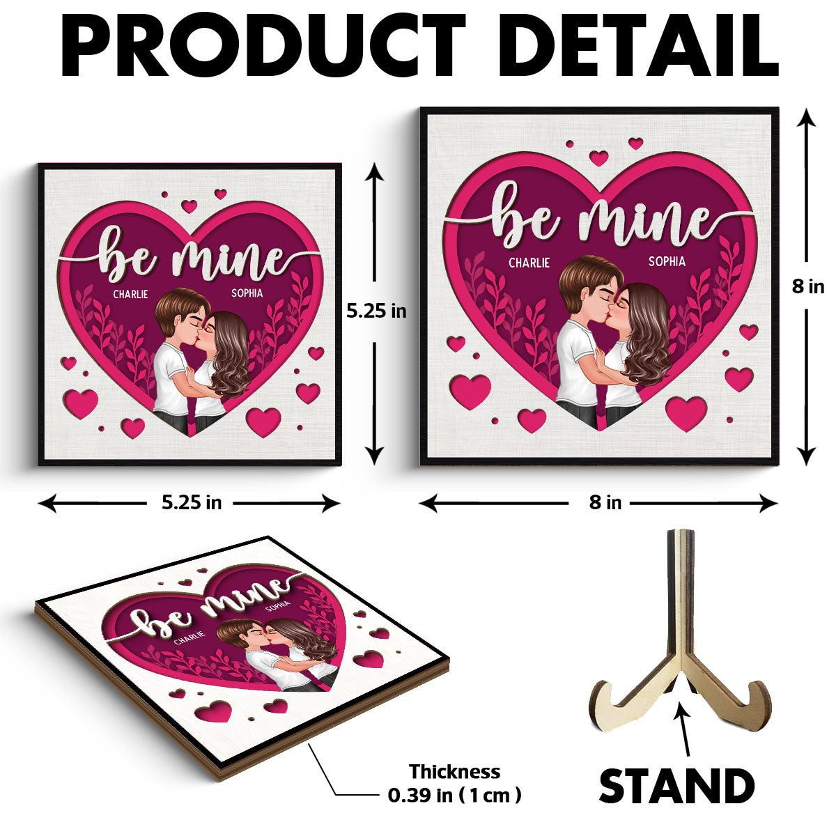 Pink Heart Couple Kissing Valentine‘s Day Gift For Him For Her Personalized 2-Layer Wooden Plaque