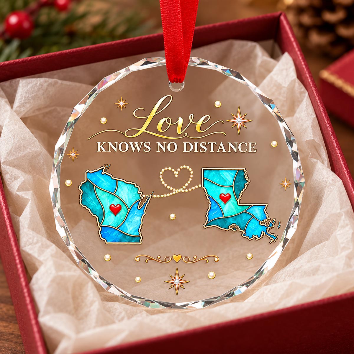 Love Knows No Distance Custom Blue State Maps - Personalized Glass Ornament - Christmas Long Distance Gift For Family, Friends