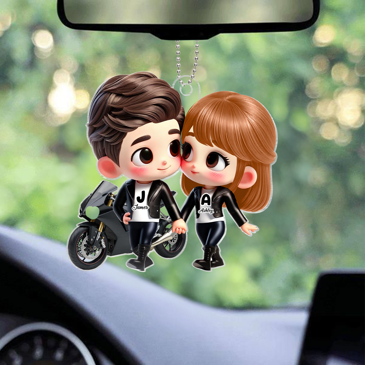 3D Effect Cute Cartoon Motorcycle Couple Personalized Acrylic Car Hanger, Anniversary &  Gift for him, Gift for her