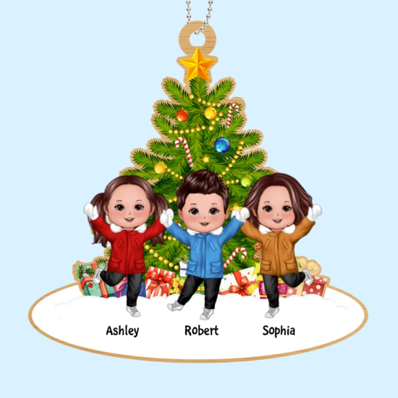 Merry Christmas Our Grandkids Happy Doll Kids In Snow Under Tree Personalized Wooden Ornament