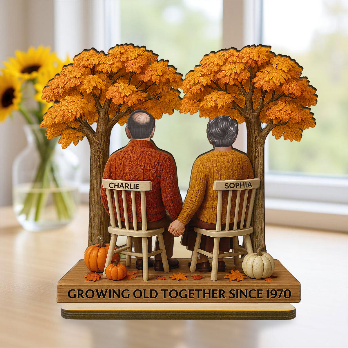 3D Effect Fall Season Back View Couple Growing Old Together Personalized 2-Layer Standing Wooden Plaque