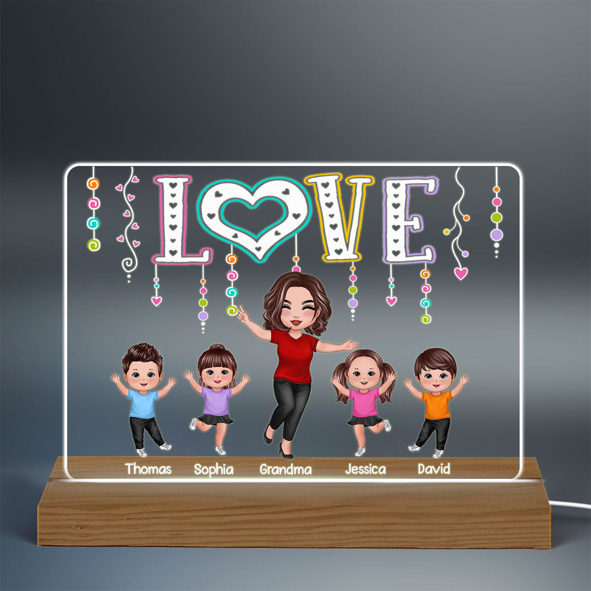 LOVE Happy Doll Grandma Mom With Kids Personalized Custom Shape Acrylic Plaque LED Night Light