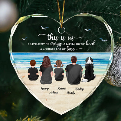 Family Sitting Back View Retro Vintage Beach Landscape Personalized Heart Glass Ornament