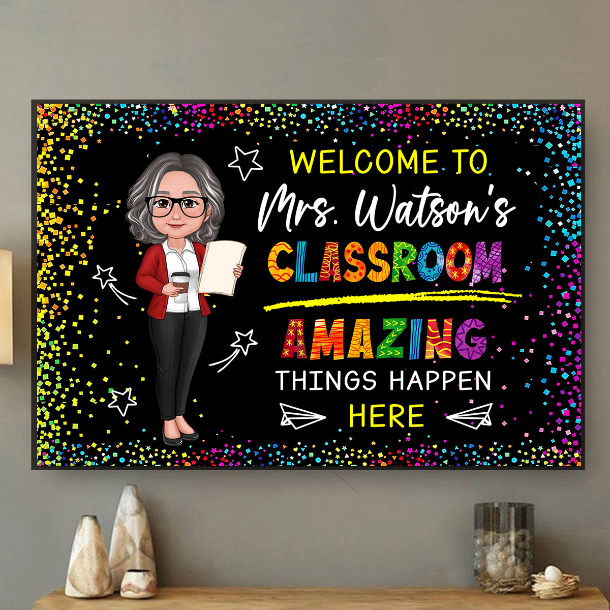 Classroom Amazing Things Happen Here Personalized Motivational Poster, Teacher Classroom Decor
