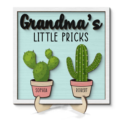 Grandma Mom Little Pricks Cactus Personalized 2-layer Wooden Plaque