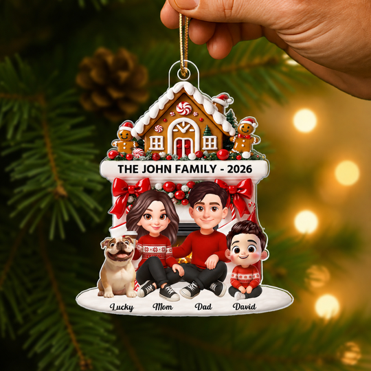 Family Sitting by the Fireplace Personalized Acrylic Ornament - Christmas Gift for Mom, Dad, Children