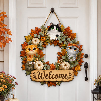 Fall Pumpkin Wreath Cats - Personalized Door Sign - Fall Season Decor Gift, Gift For Cat Lovers