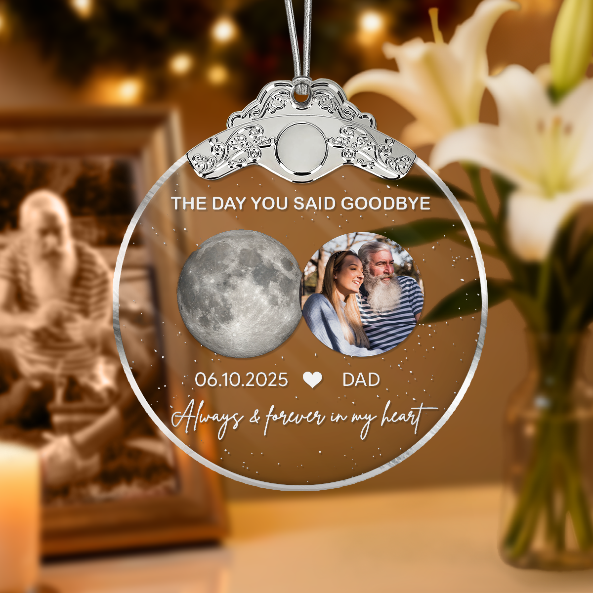 The Day You Said Goodbye Custom Moon Phase Upload Photo - Personalized Glass Ornament With Silver Cap - Heartwarming Memorial Sympathy Gift