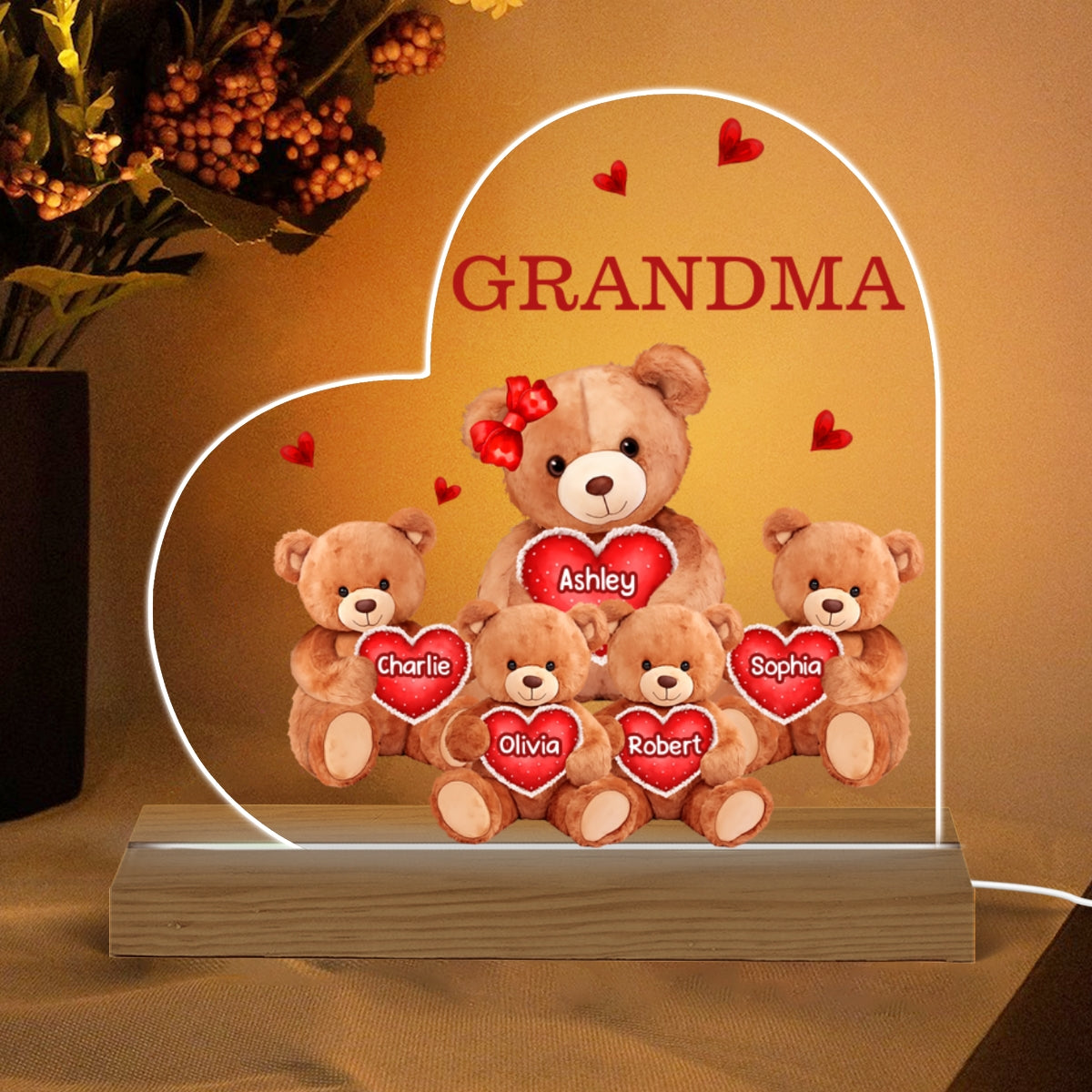 Grandma Mom Auntie Bear Personalized Custom Shape Acrylic Plaque Warm LED Night Light