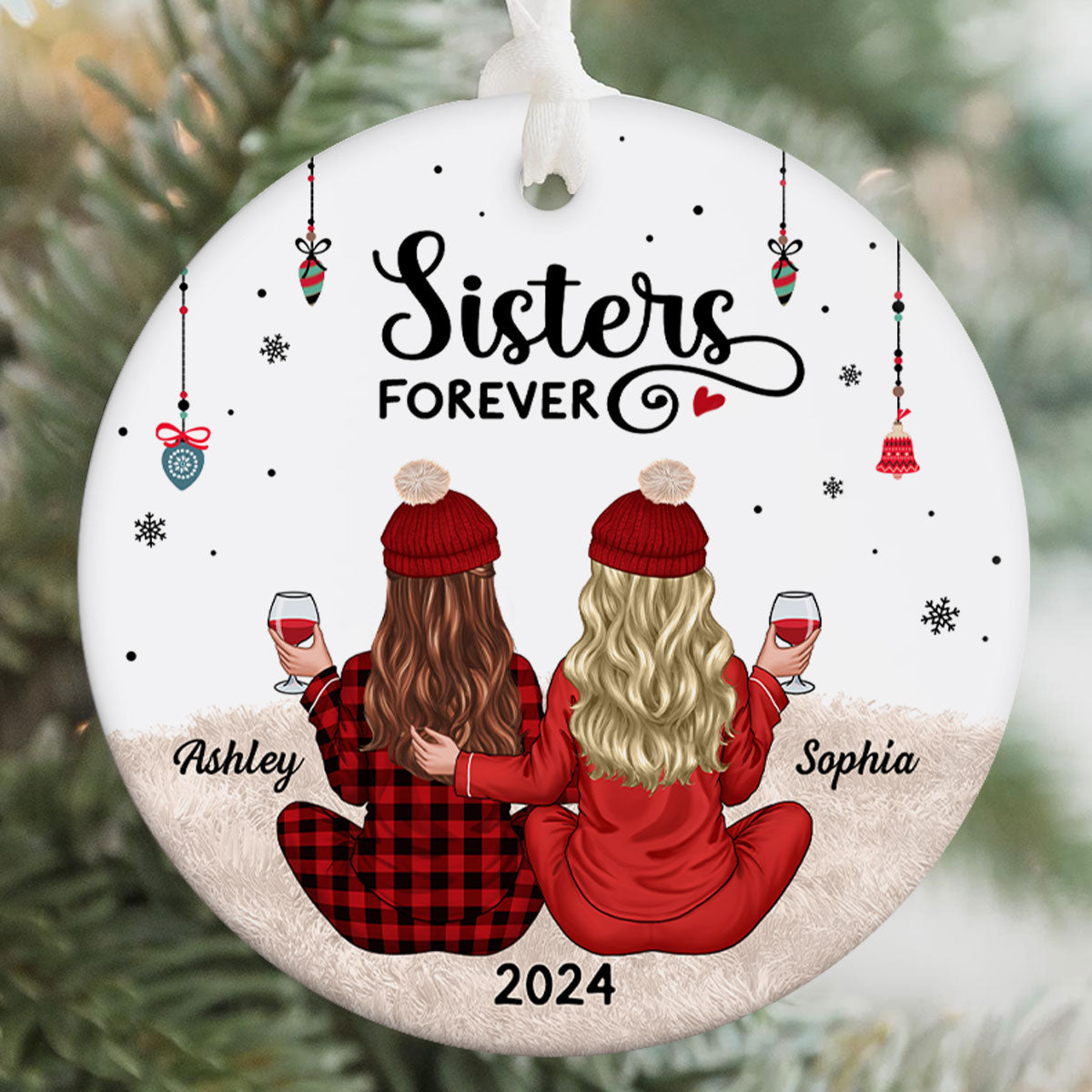 Back View Pajamas Sisters Forever Personalized Ceramic Ornament, Christmas Gift For Sisters