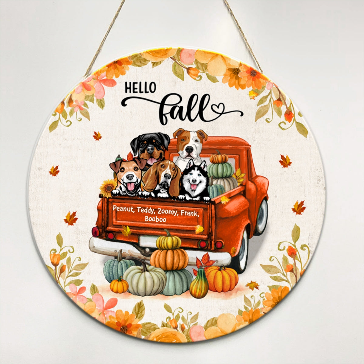 Hello Fall Dogs On Truck Personalized Wooden Door Sign