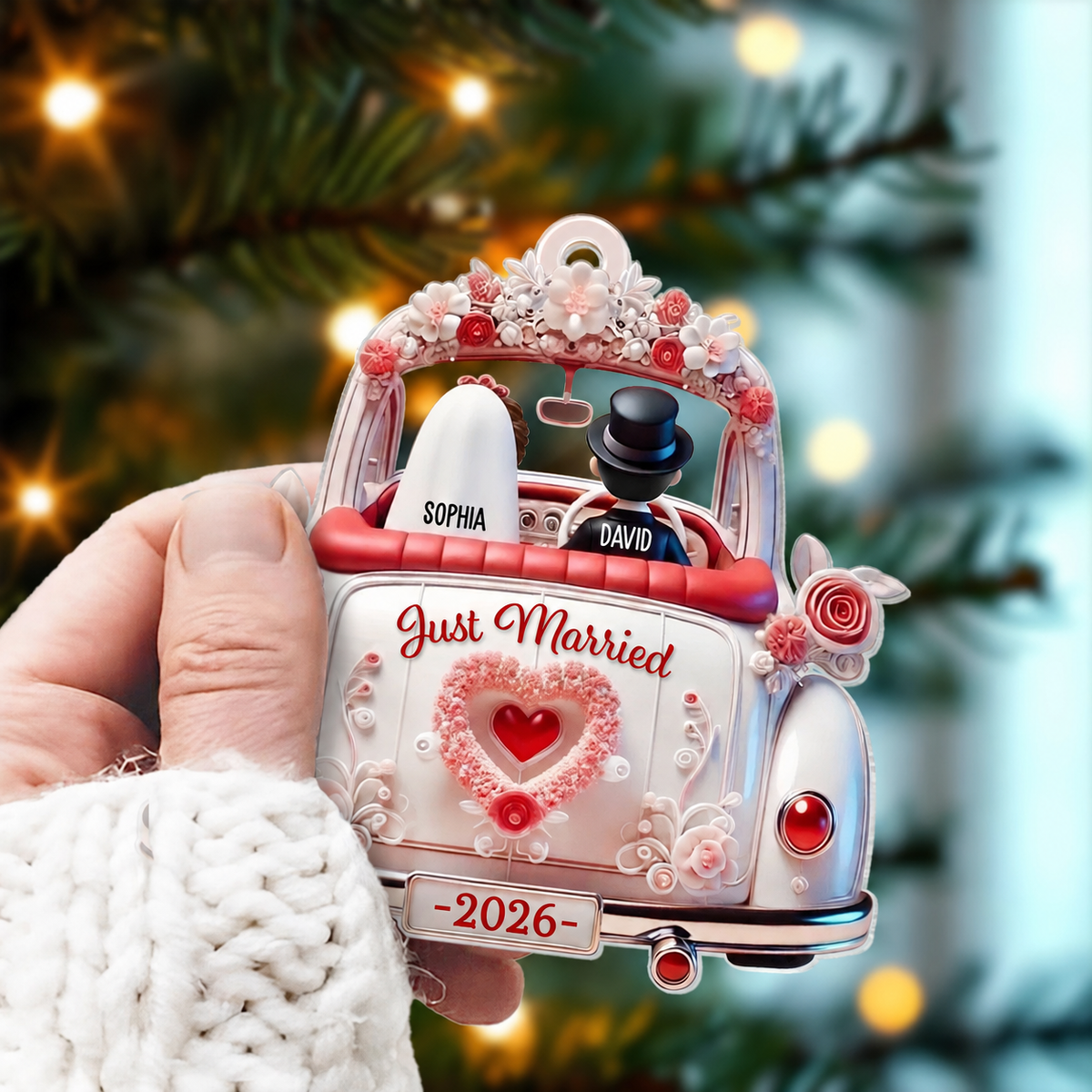 First Christmas Married Couple In Wedding Car Personalized Acrylic Ornament, Unique Christmas Gift For Newlyweds