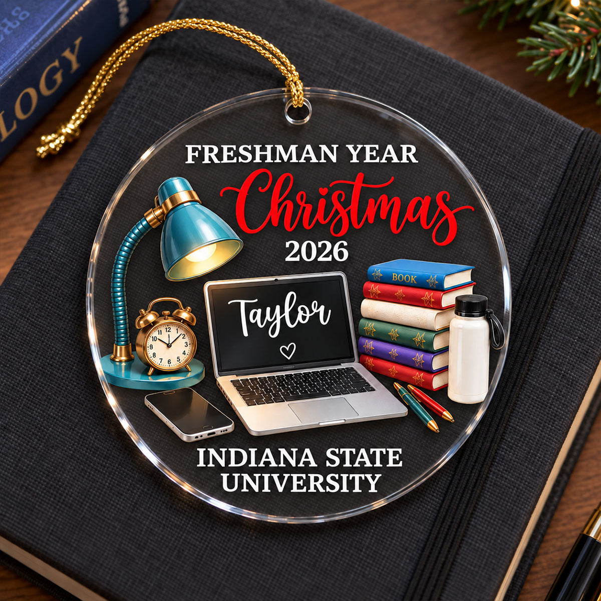 Freshman Year Christmas Study Desk – Personalized Acrylic Ornament – College Student Christmas Gift, First Year Keepsake