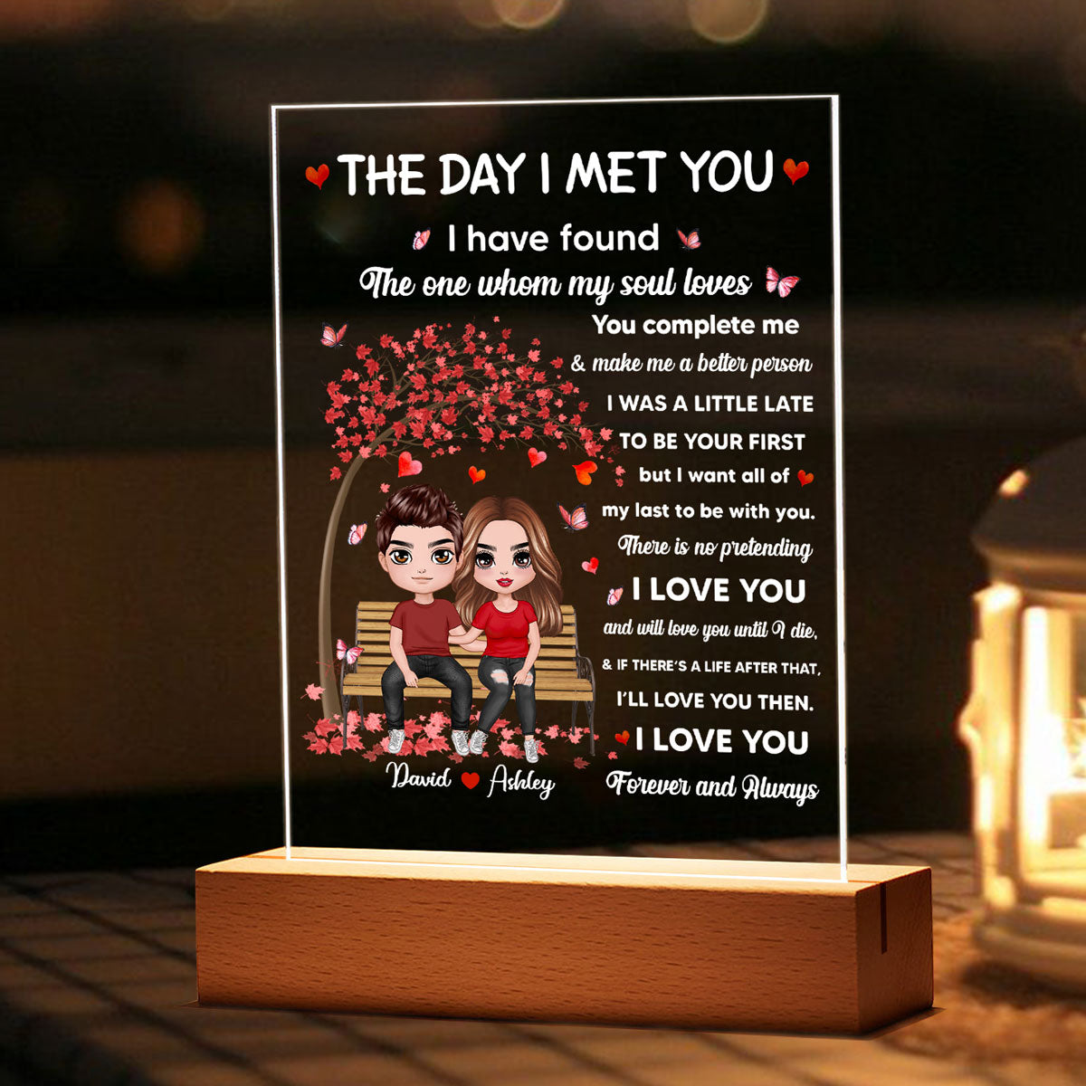 The Day I Met You Couple Personalized Plaque LED Night Light, Acrylic LED Lamp, Valentine‘s Day Gift For Him, For Her