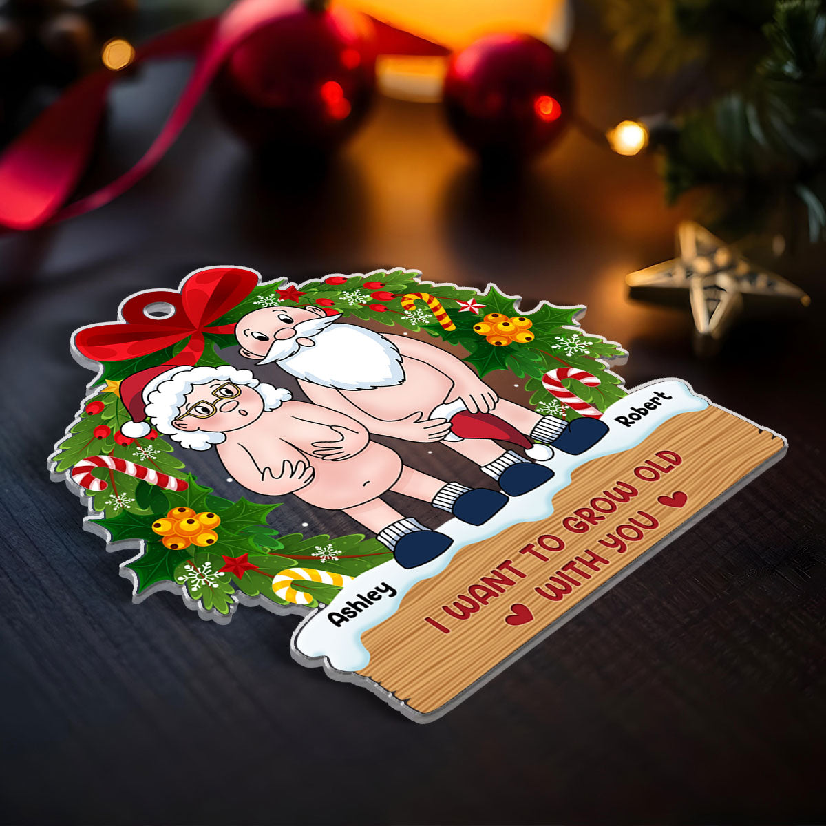 Funny Old Couple Christmas Wreath Personalized Acrylic Ornament