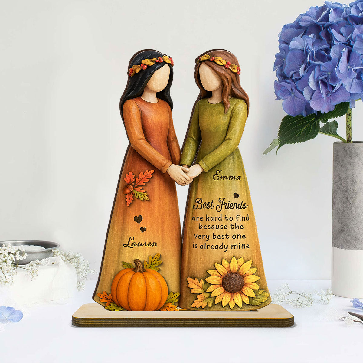 Fall Season Besties Sisters 3D Effect Personalized Standing Wooden Plaque, Gift Friendship Gift for Besties