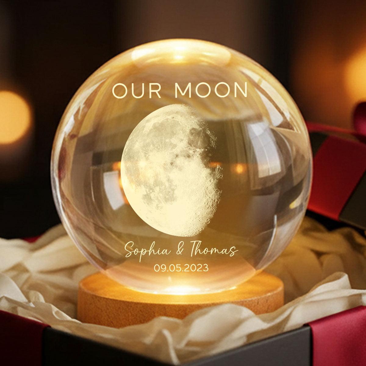 Our Moon Special Day Custom Moon Phase - Personalized Crystal Ball LED Night Light - Valentine's Day Gift For Couple