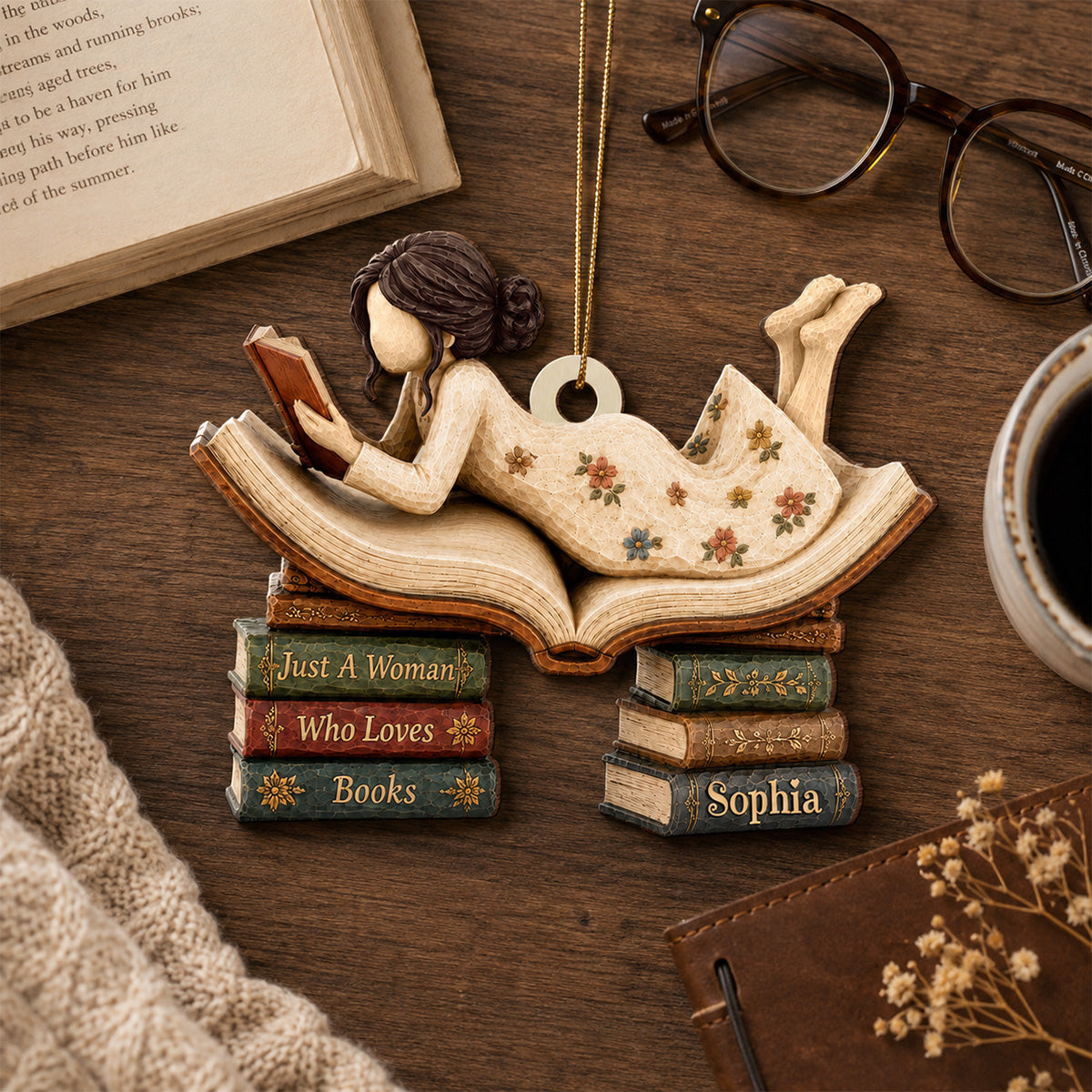 Woman Reading Book 2D Flat - Personalized Wooden Ornament - Decor Gift For Book Lover, Bookworm
