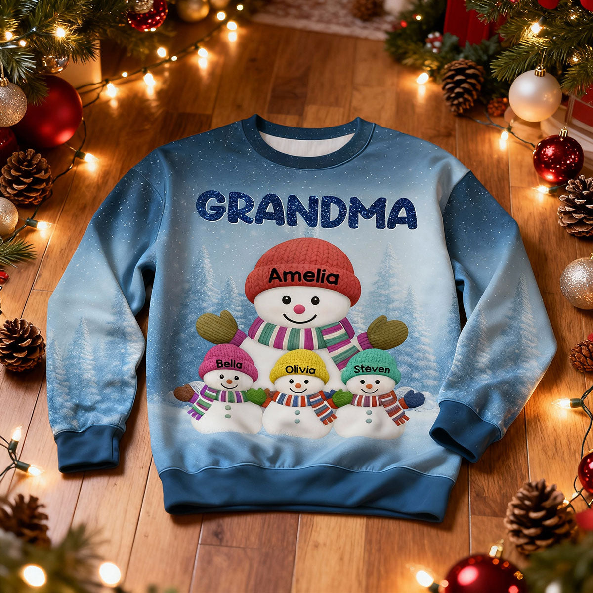 Heartwarming Grandma Grandkids Snowman Together - Personalized Ugly Sweater