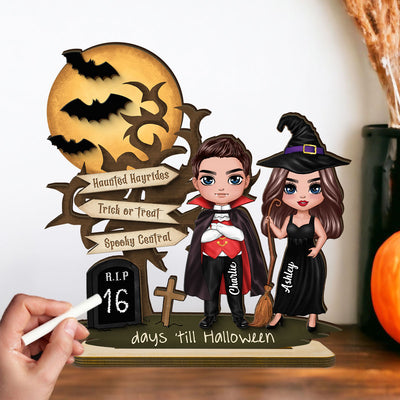 Couple Halloween Countdown Moon Bat Tree Personalized 2-Layer Standing Wooden Plaque