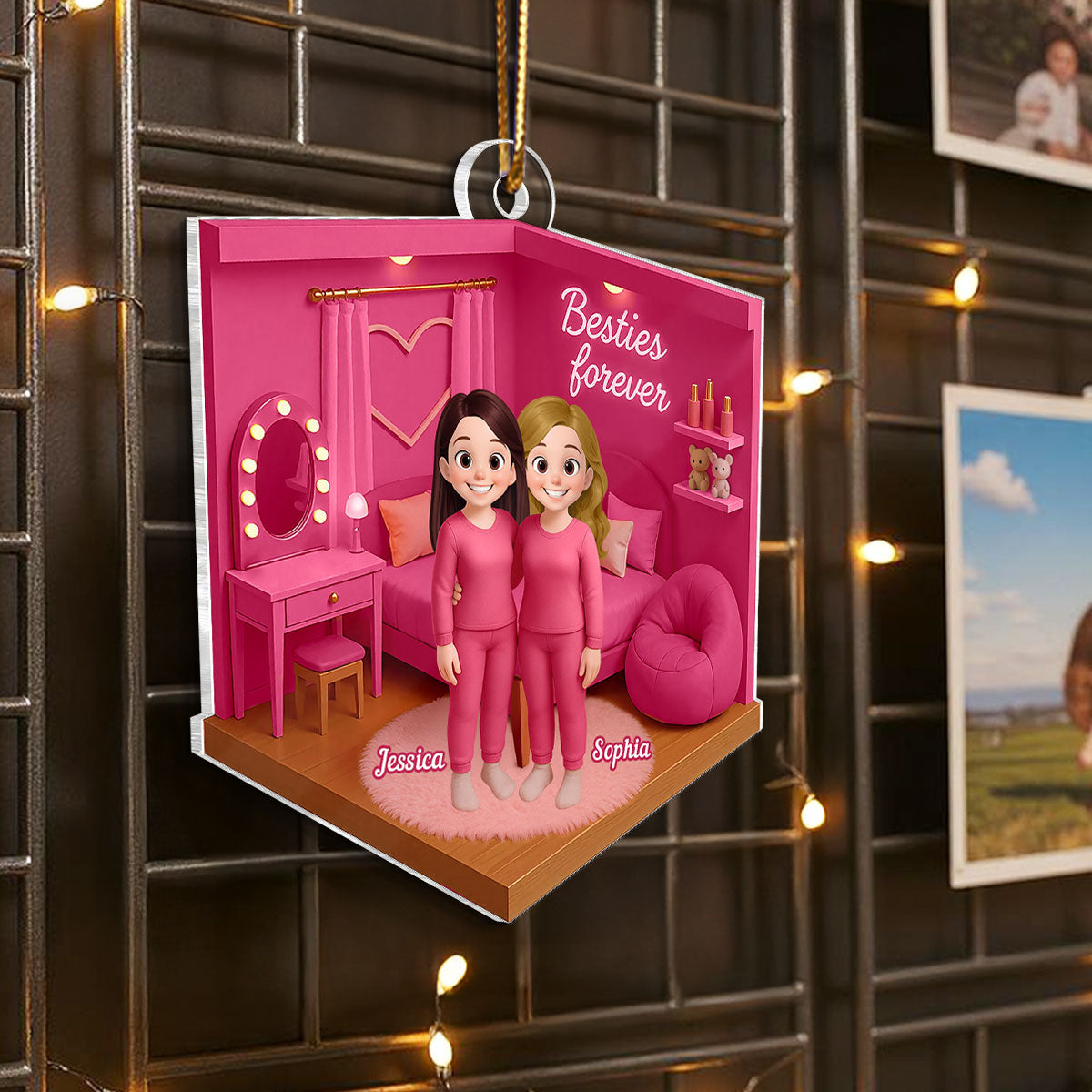 3D Effect Besties Pink Tone Diorama Dream Dollhouse Personalized Flat Acrylic Ornament, Keepsake