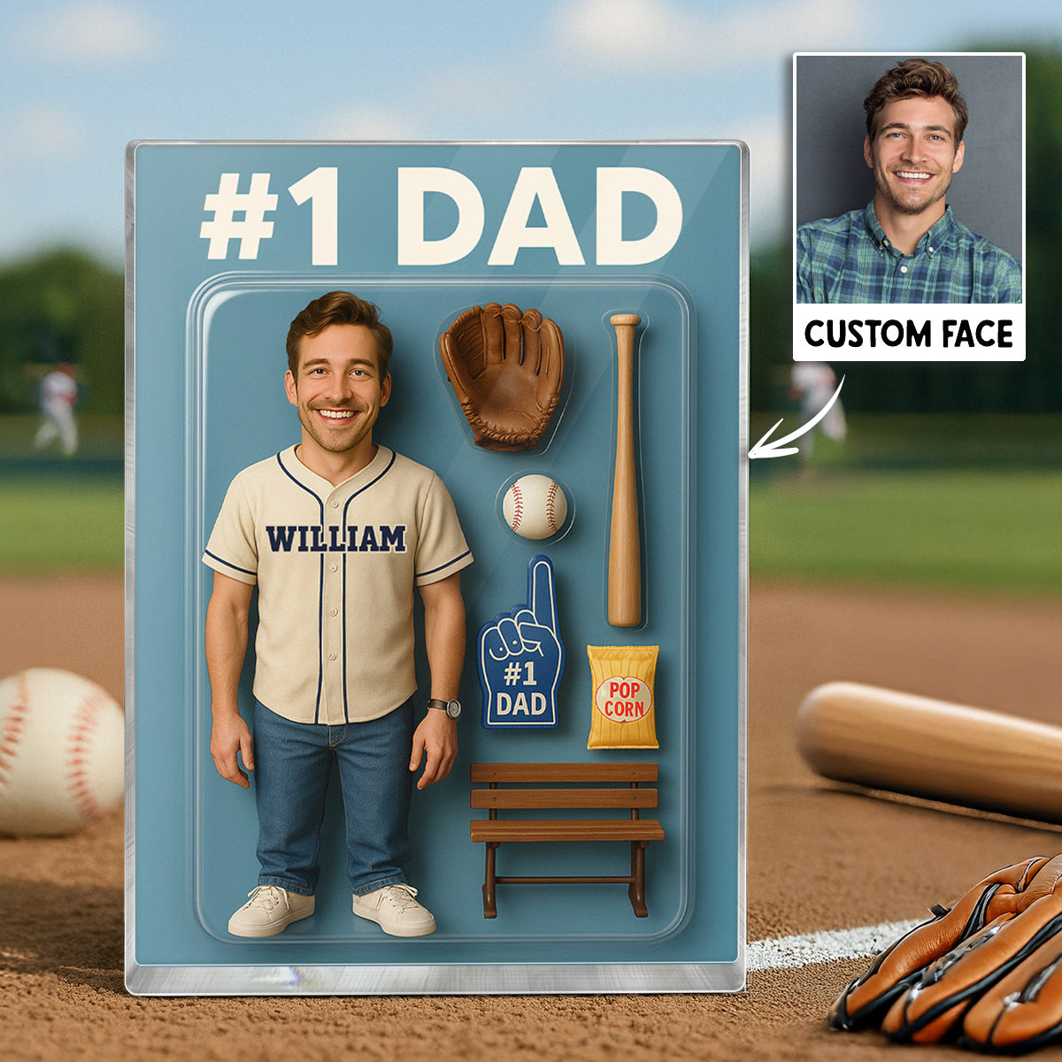3D Effect Baseball Dad Custom Figure Personalized Rectangle Acrylic Block Plaque