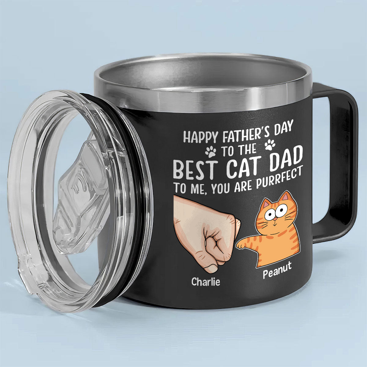 Happy Father‘s Day Fist Bump Funny Cute Cats Personalized Stainless Steel Tumbler With Handle, Gift For Cat Dad
