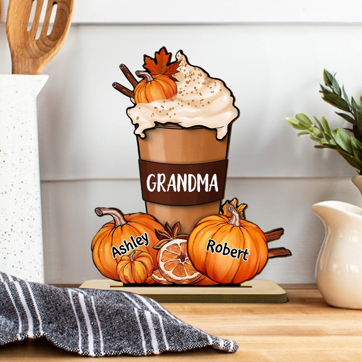Grandma Mom Pumpkin Spice Latte Personalized 2-Layer Standing Wooden Plaque, Fall Season Gift For Grandma