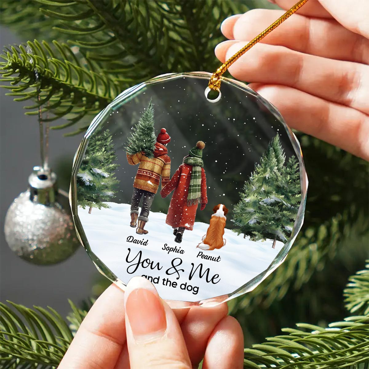 Couple You & Me And The Dog In Snowy Christmas Personalized Glass Ornament